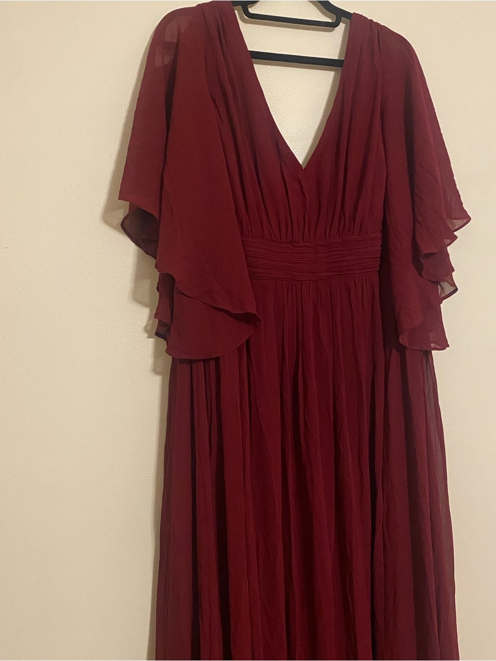Plus Size 2XL Burgundy V-Neck Chiffon Gown with Flutter Sleeves